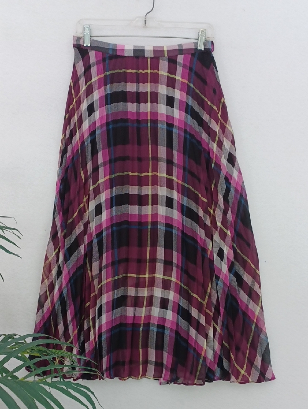 Vince Camuto Lightweight Pleated Maxi Skirt in Burgundy, Pink and Black Plaid